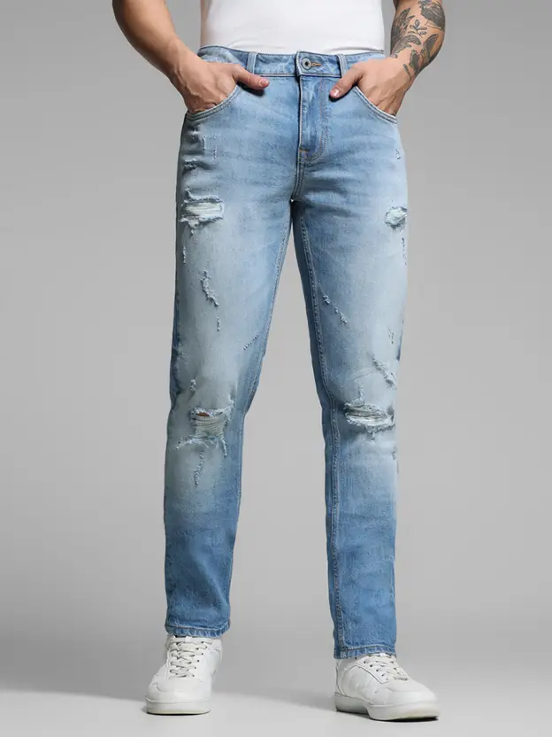 Men Slim Low Rise Light Blue Jeans