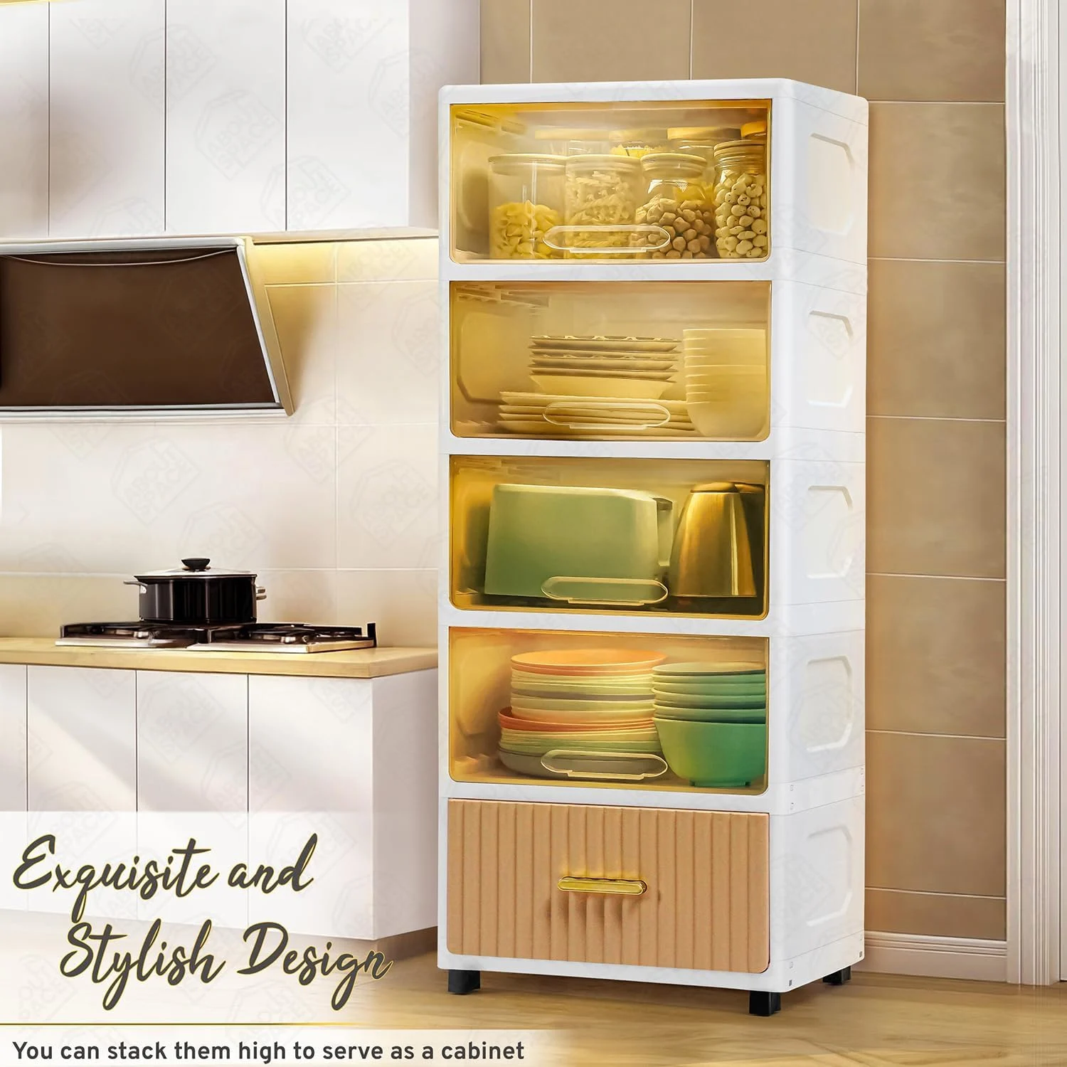 ABOUT SPACE Plastic Wardrobe for Storage - 4 Tier Portable Stackable Plastic Rack with Hidden Door, Multipurpose Storage Organizer for Bedroom, Living Room