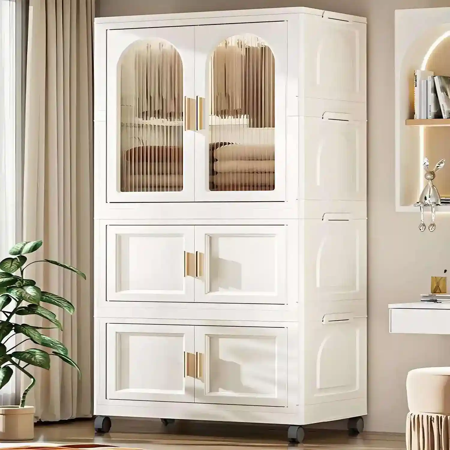 Modern Multi-Layer Storage Cabinet with Transparent Doors &amp; Wheels – White