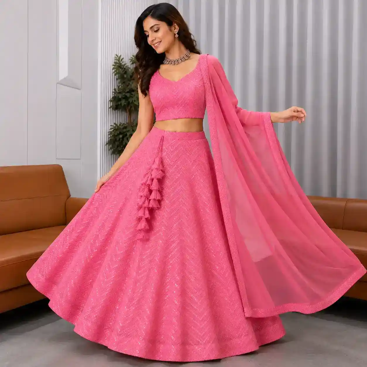 Women’s Elegant Sequin Embroidered Anarkali Gown Set with Dupatta – Pink