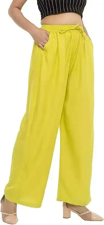Women’s Solid Relaxed Fit Drawstring Palazzo Pants – Lime Yellow