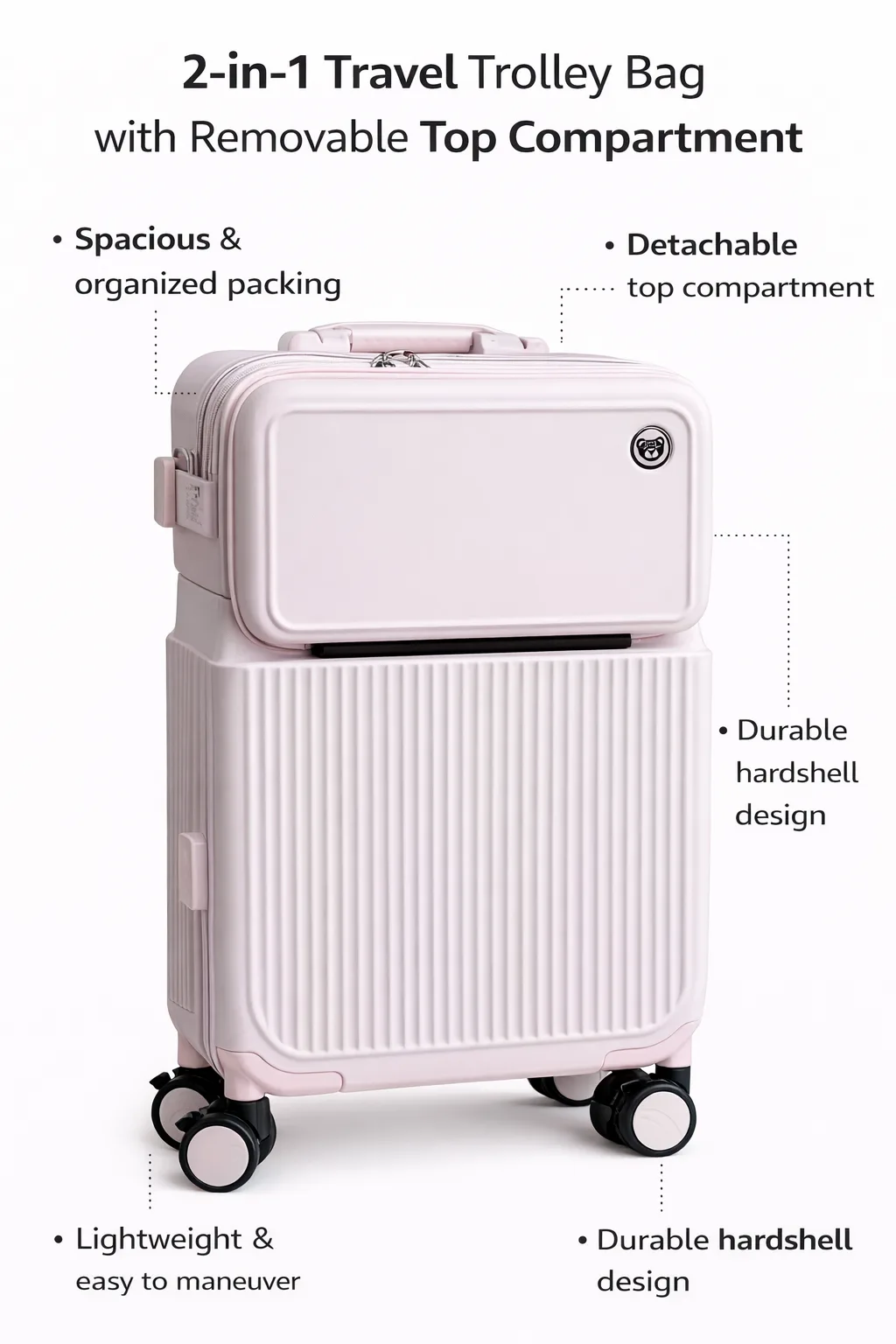 2-in-1 Travel Trolley Bag with Detachable Top Compartment