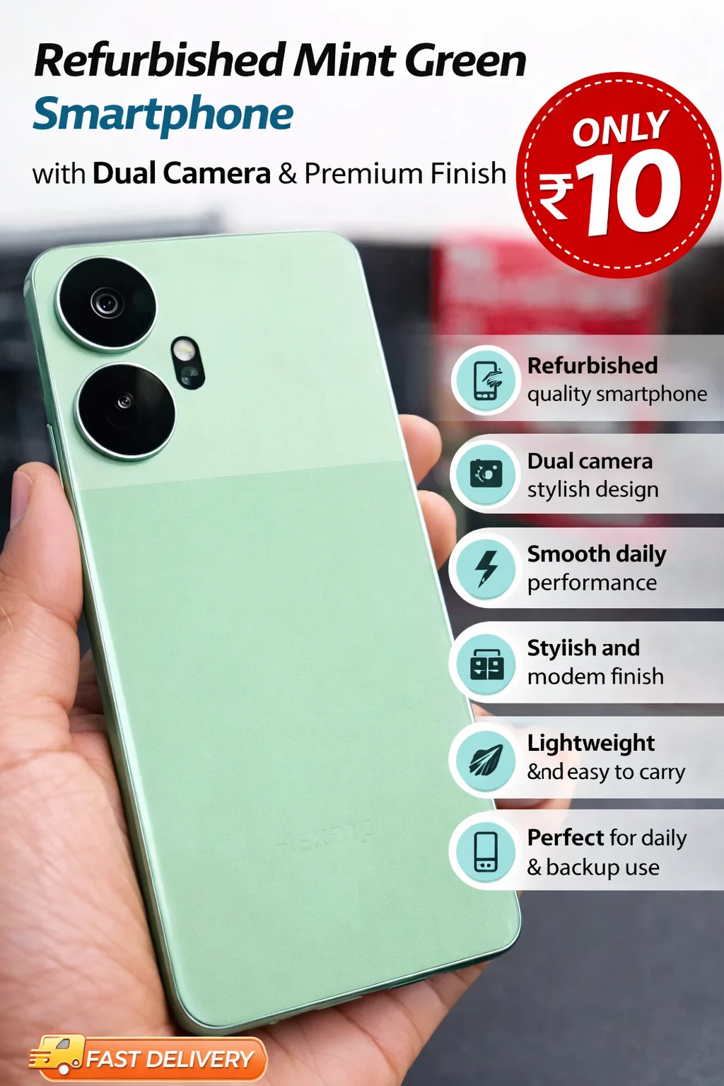 Refurbished Mint Green Smartphone with Dual Camera & Premium Finish